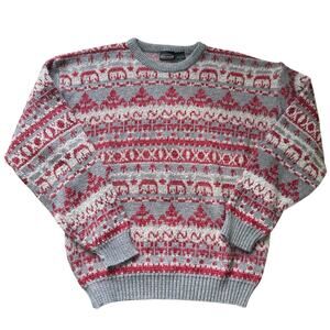 Vintage Fair Isle Nordic Sweater L Gray Red Cozy Winter Pullover 90s Grandpacore